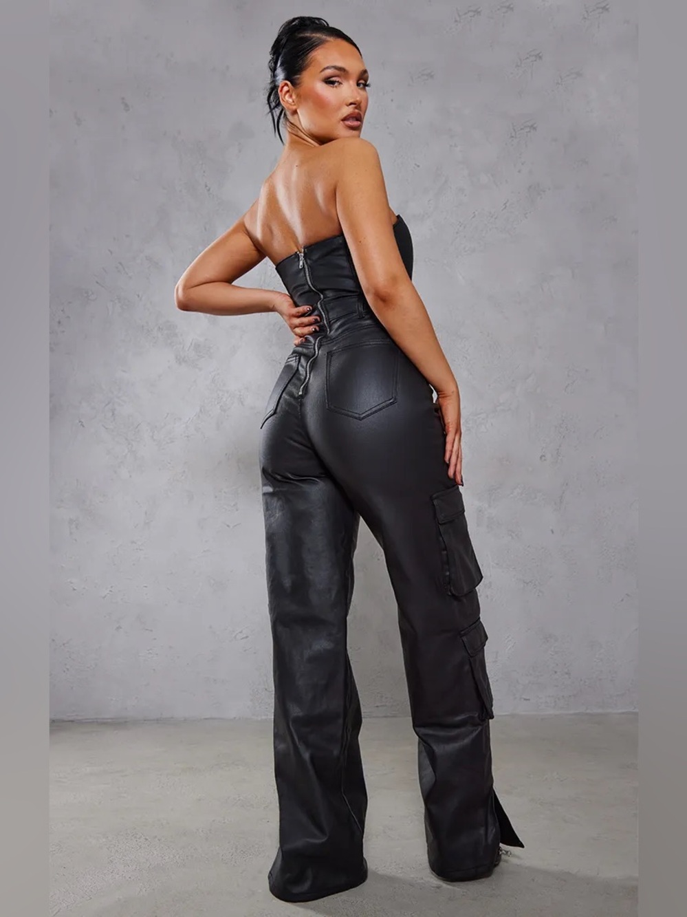 PrettyLittleThing Black Faux Leather Wide Leg Cargo Jumpsuit